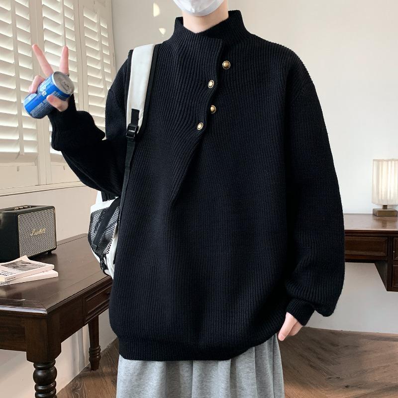 Pullover Autumn and Winter Solid Color Irregular Button Half Turtleneck Sweater Men's Korean Knitted Top