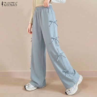 Women Elastic Waist Solid Color Loose Casual Long Pants