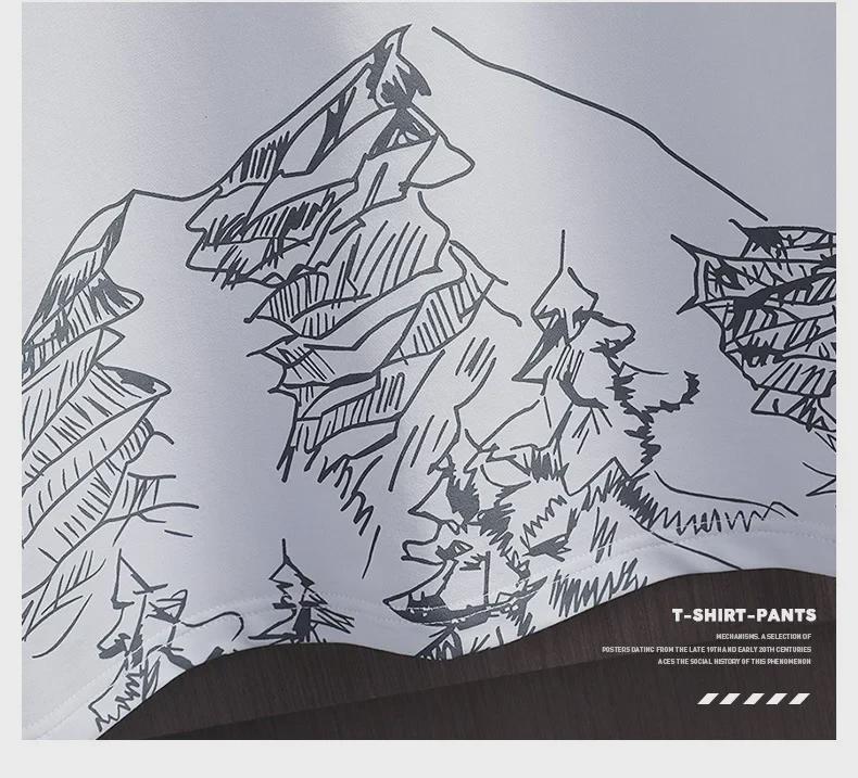 Conjunto masculino de camiseta e shorts slim fit com estampa de montanha nevada para o verão - Tendência da moda coreana