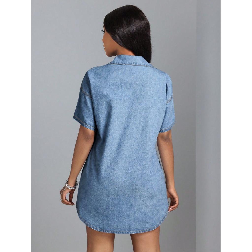 Women's Clothing, Lapels, Short Sleeves, Loose Fit, Denim Shirts, Dresses