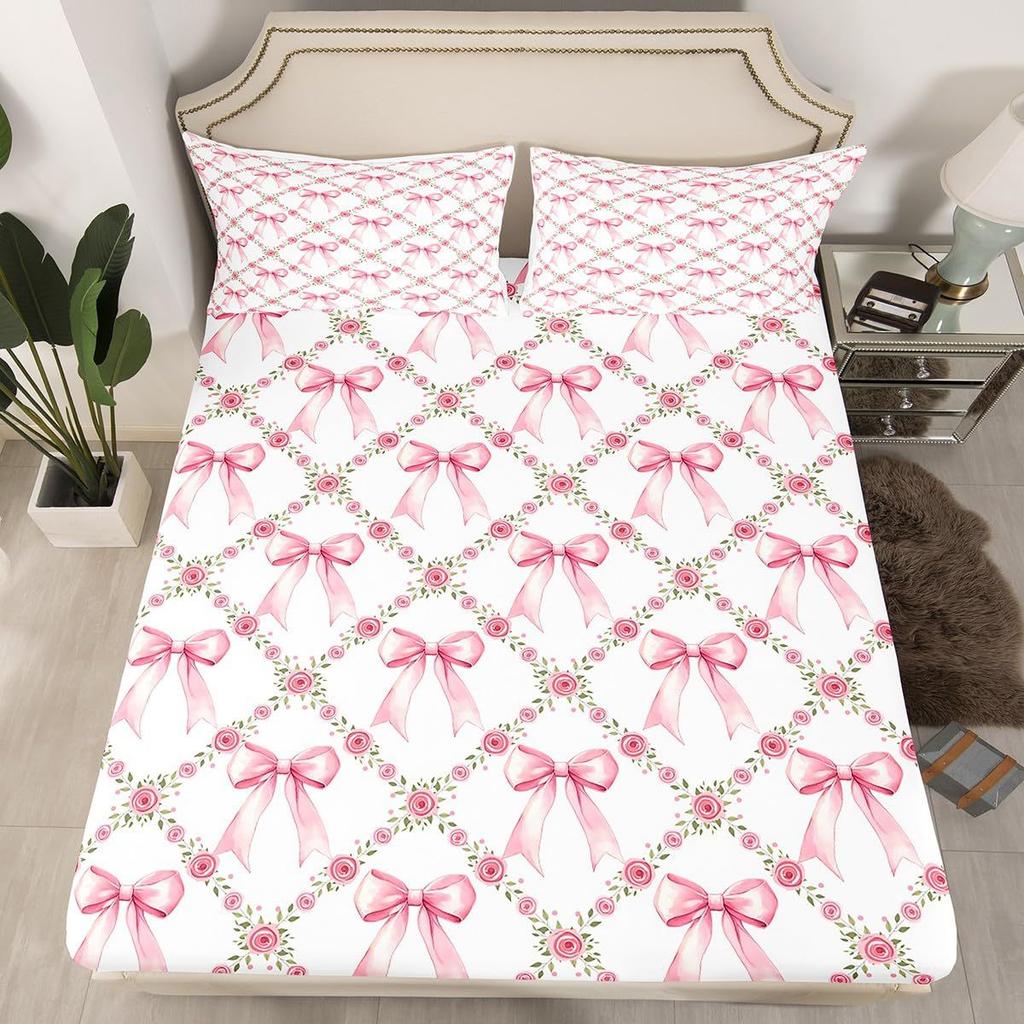 Simple Bow Pattern Mattress Three-Piece Digital Printing Mattress Bedding Set Adult Children