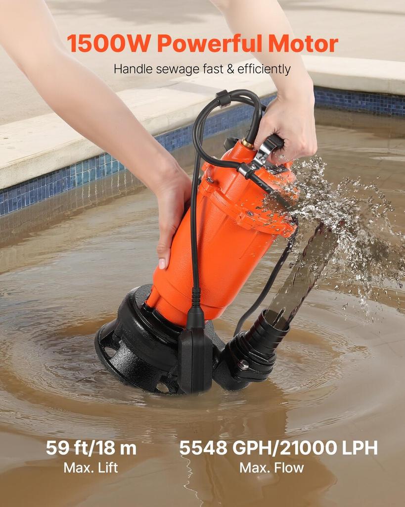 1500W Tauchschmutzwasserpumpe, 21000 L/H, Gusseisen Tauchschacht-Abwasserpumpe mit Automatik-Schwimmerschalter, 18m Max. Förderhöhe, Abpumpen von schmutzigem und klarem Wasser,