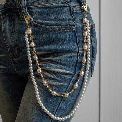 Style Punk Hip Hop Double Couche Perle Diamant Fleur Chaîne de Taille Mode Cool Chaîne pour Jean Accessoires Doux pour Femme
