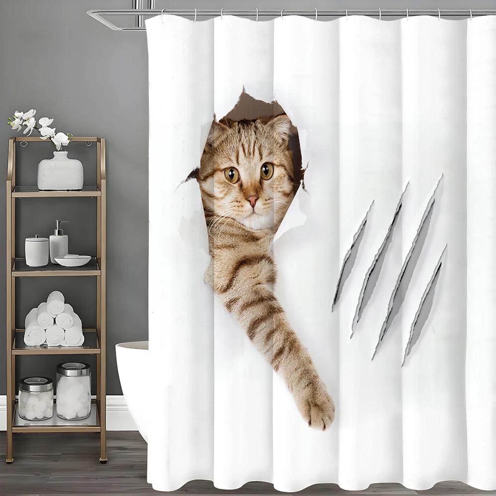 Kitten Breaks Out Of The Wall Cat Paw Print Shower Curtain, Bathroom Decorative Shower Curtain, Waterproof Shower Curtain With H W60H190(CM)-1 Pcs