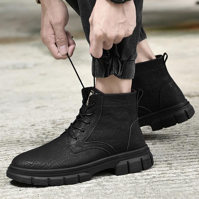 Fashion British Style Handsome Men's Motorcycle Boots Winter High Top Casual Shoes Business Men's Genuine Leather Ankle Boots Thick Sole