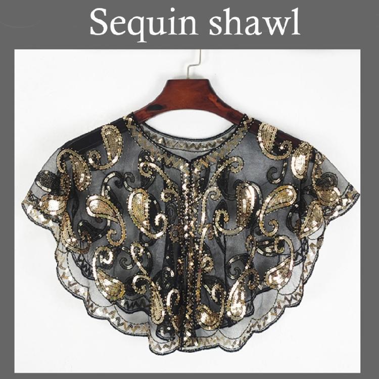 Short Mesh Shawl For Formal Clothes Feature Secure Sequins Detail Soft Polyester Cover Up Easy To Fold And Carry