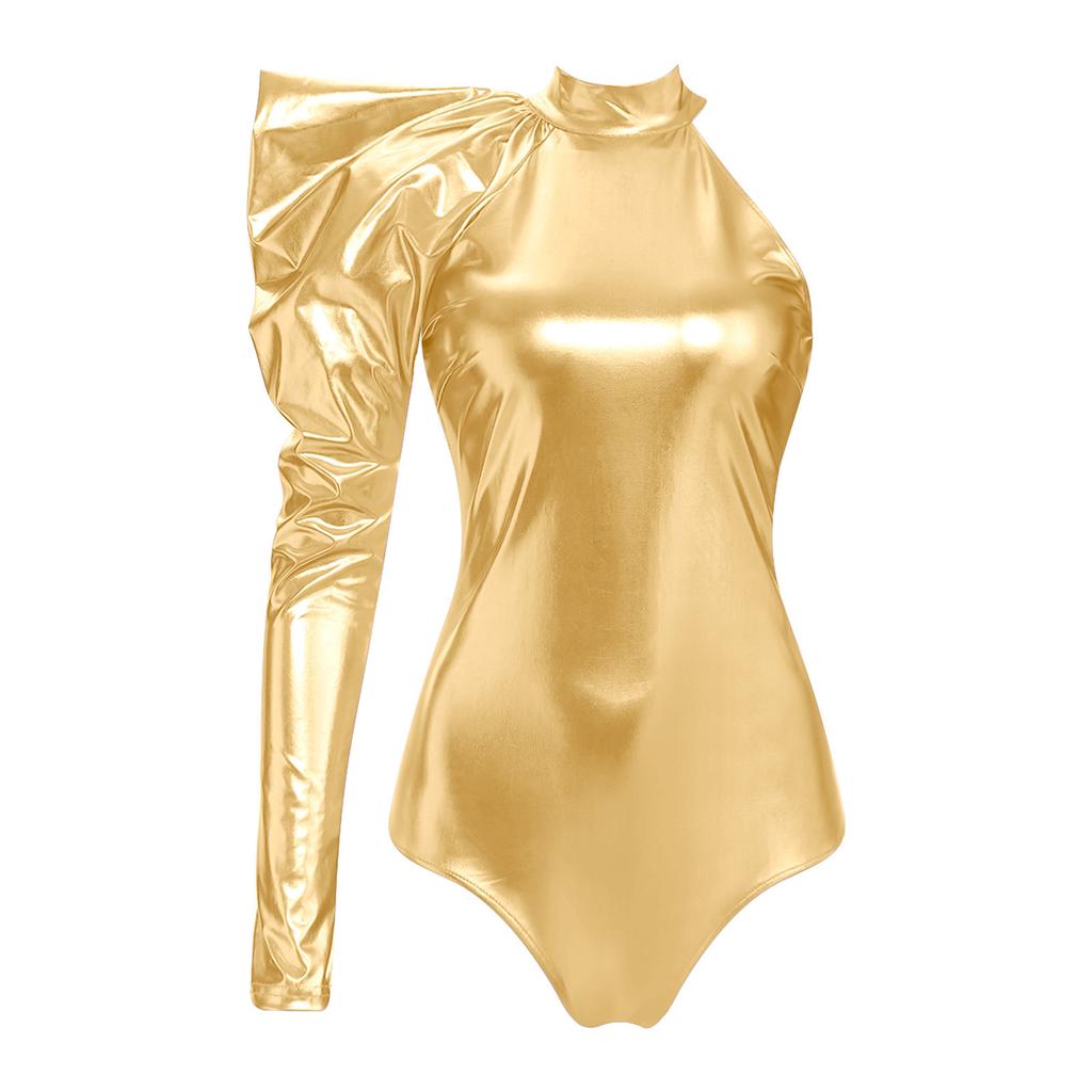 Women Metallic Shiny Bodysuit Dramatic Puff Sleeve Long Sleeve One Shoulder Mock Neck Asymmetrical Leotard