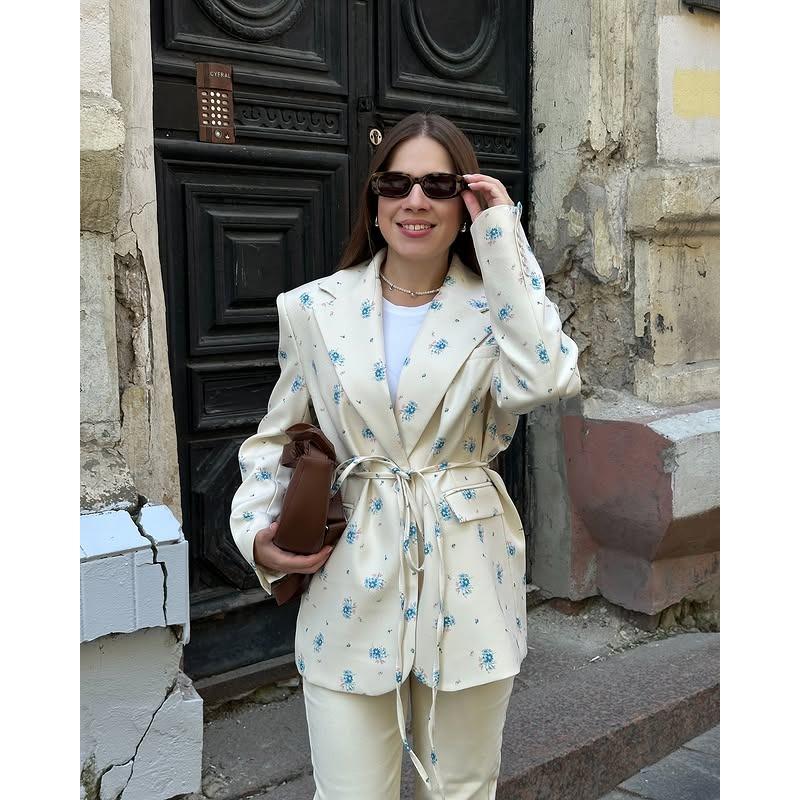 Dámské sako s potiskem, klopami a vázáním v pase, volný kabát s dlouhým rukávem, tenký, jaro a léto 2025