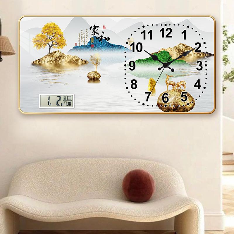 Creative Rectangular Wall Clock Living Room Crystal Porcelain Painting Wall Quartz Clock Silent Home with Calendar Silent Restaurant Clock