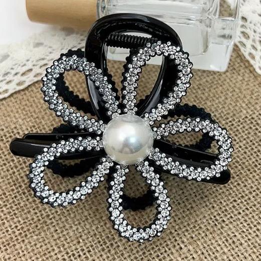 Flower Pearls Shark Clip Zircon Shiny Hair Claw Rhinestone Shark Clip  Party
