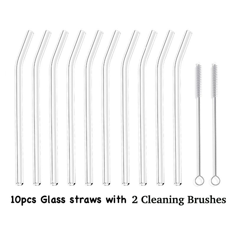 10PCS Glass Straws Clear Bent 20cm" x 8 mm - Perfect Reusable Straw For Smoothies, Tea, Juice --10 Pack With Cleaning Brush