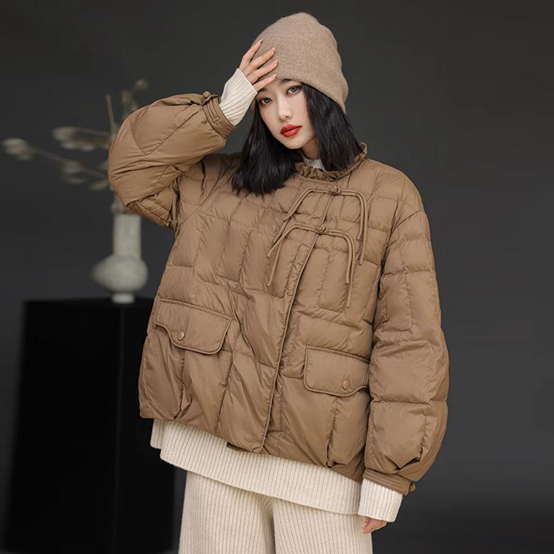 White duck down new Chinese fungus edge down jacket women's 2024 winter fashion retro buckle warm jacket