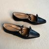 Sheepskin~ Black Single Shoes Women's Pointed Head Shallow Mouth Bow Genuine Leather Shoes Flat Shoes Women's Low Heel Mary Jane Shoes Women's