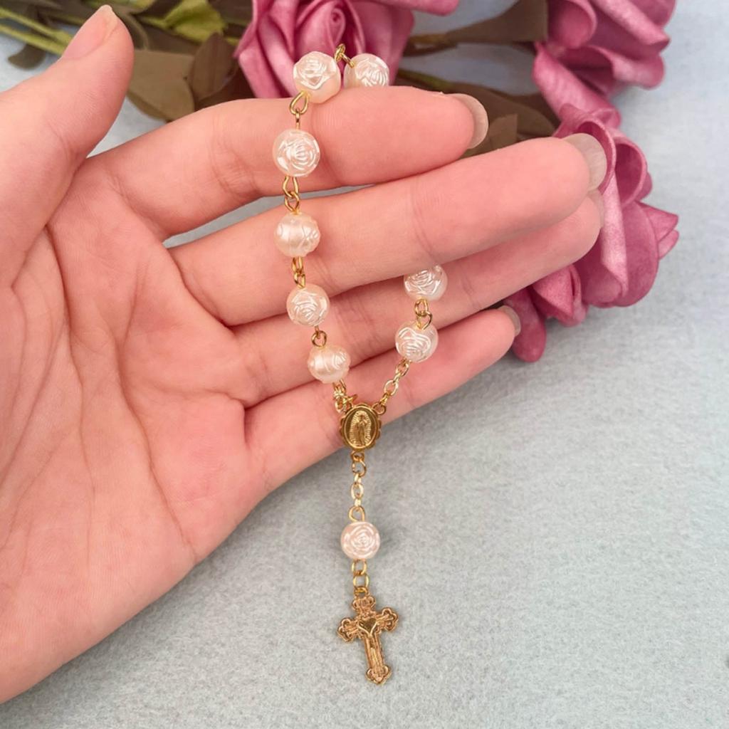 Rose Baby Baptism Bracelet Religious Rosary Bracelet Unique Prayer Bracelet Prayer Beads Bracelet Baby Shower Supplies