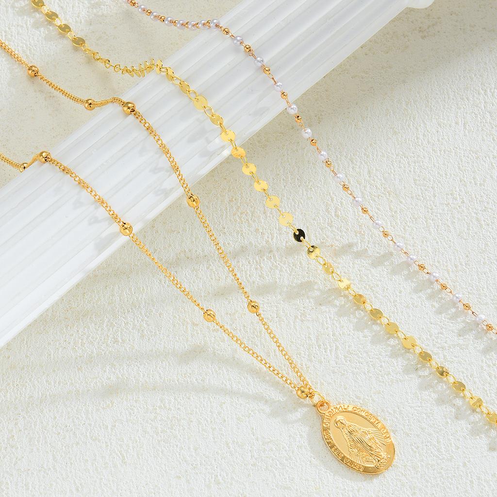 3 Pcs Minimalist Coin Pendant Necklace Set for Women Elegant Gold Color Jesus Print Design Multilayer Pearl Bead Chain Necklace