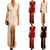 Sleeveless V Neck Solid Color Maxi Dress with Waist Cinch and Side Slit Long Evening Gown Party Dress for Women