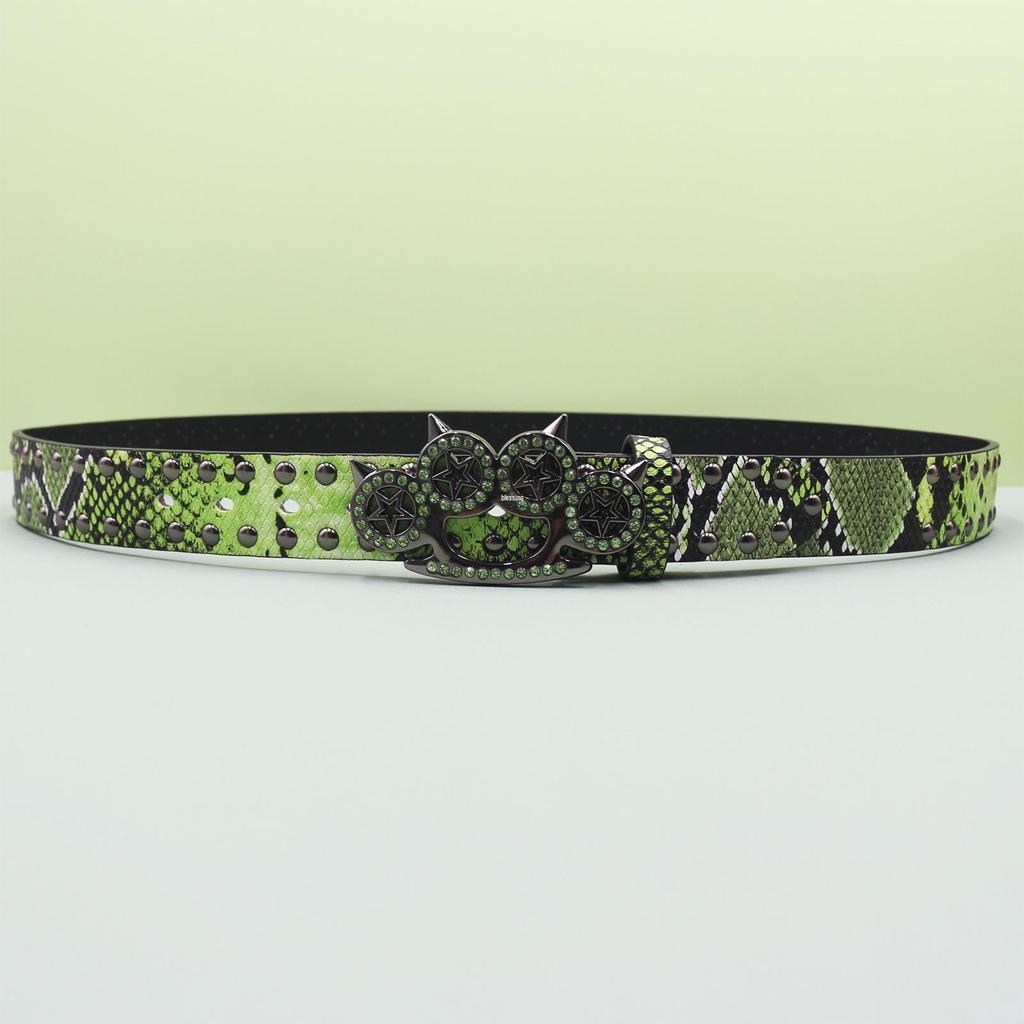 Rhinestone Tiger Claw Buckle Belt - Y2K Punk Rivet Women's Snake Skin Belt