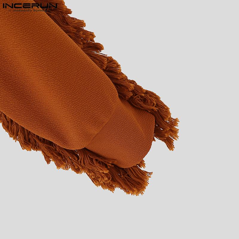 INCERUN Autumn Men Round Neck Long Sleeve Texture Tassel Hem Casual Cropped Pullover Tops