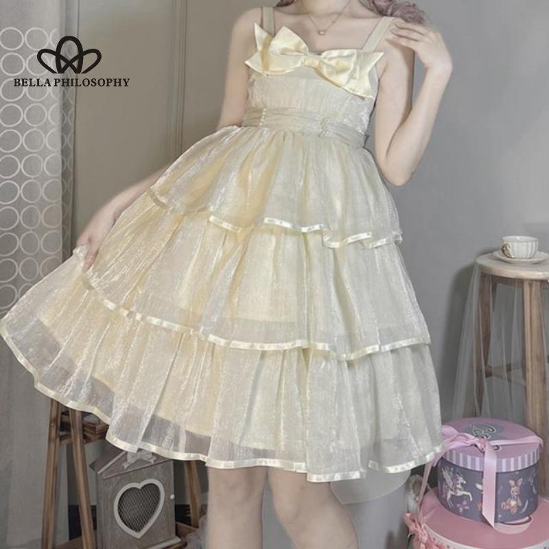 Lolita Guardian Sweetheart Bow Cake Dress Słodka JK Pończoch Drukuj Siatka Bufiasta sukienka księżniczki Kobieta