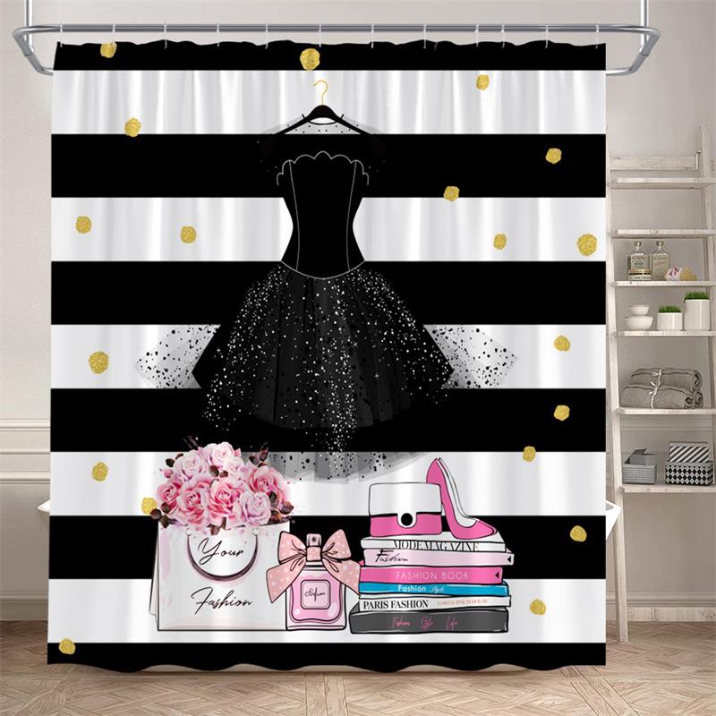Floral Perfume Shower Curtains Pink Flower Butterfly Red High Heel Black White Stripe Fashion bath Curtain Fabric Bathroom Decor