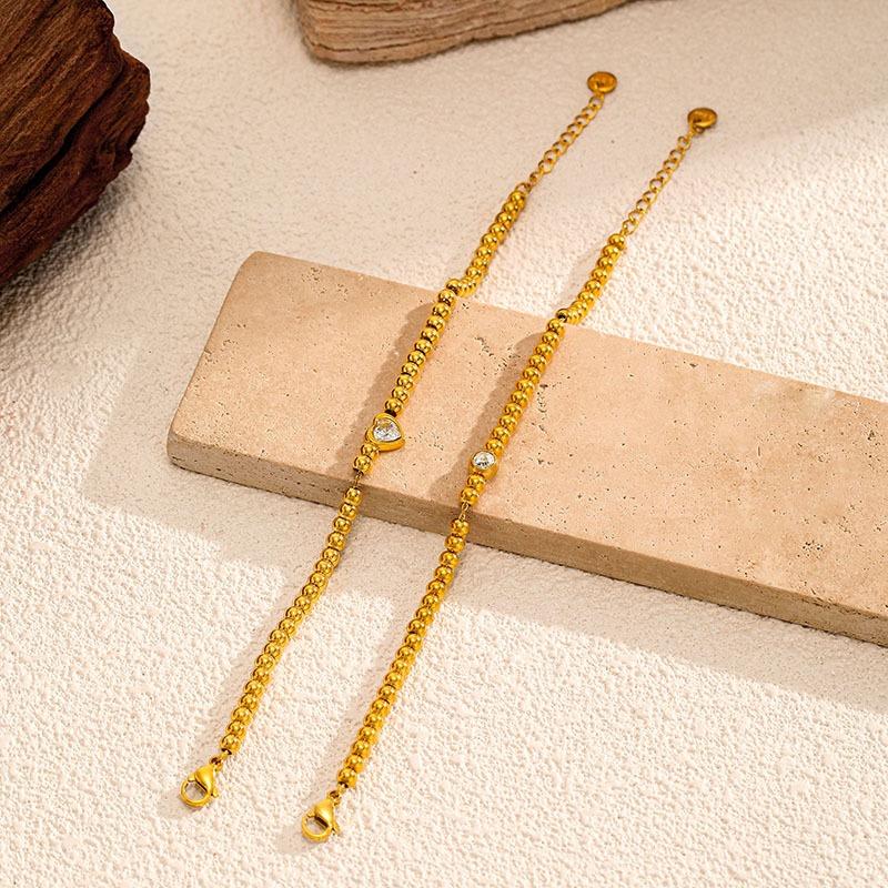 SA Jewelry Trendy 18K Gold Plated Stainless Steel Beaded Bracelet Heart Zircon Charm Adjustable Extension Chain Waterproof