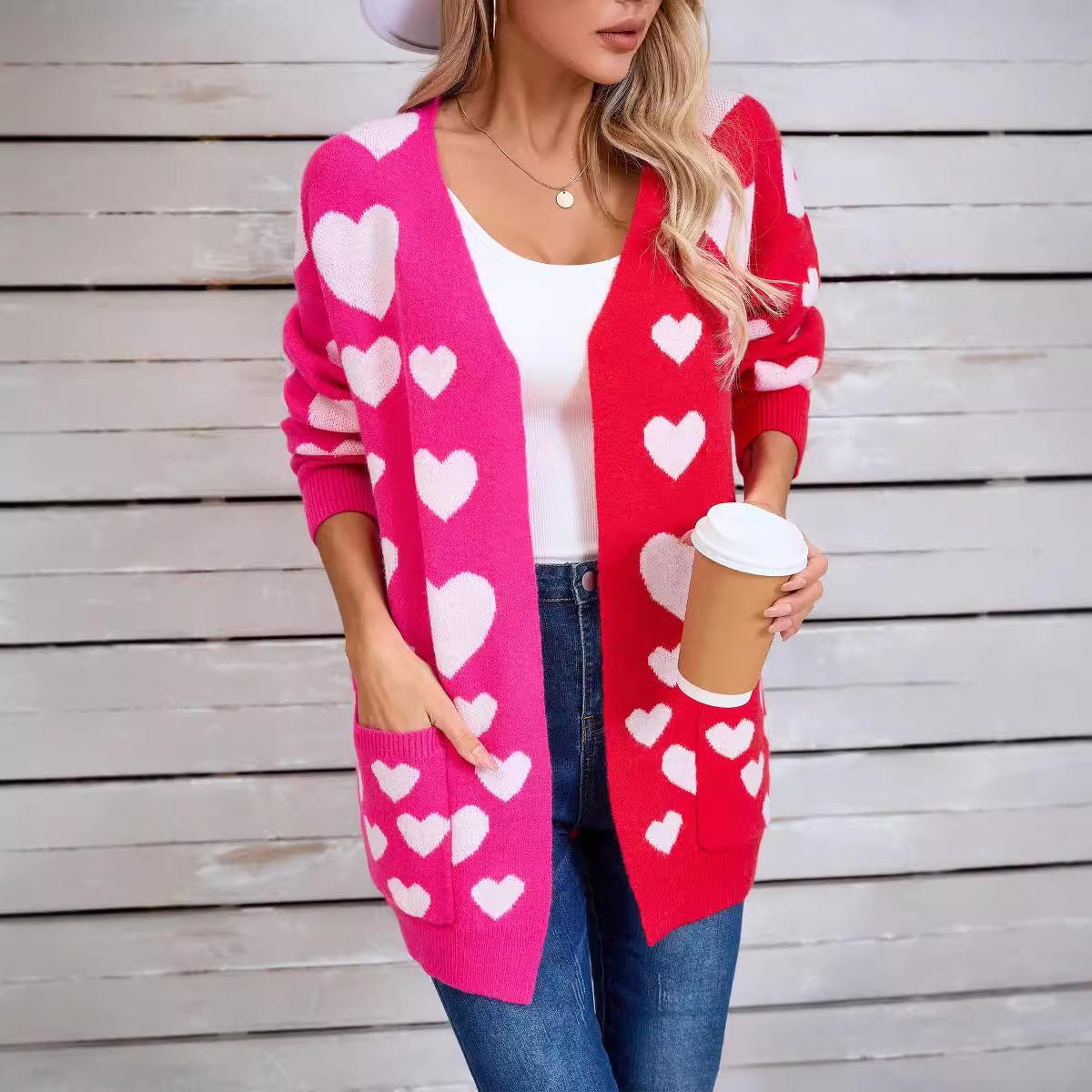 

2025 Осень Новый продукт Сплайсинг Вязаный День святого Валентина Карман Длинный Кардиган Любовь Свитер XL розы красного