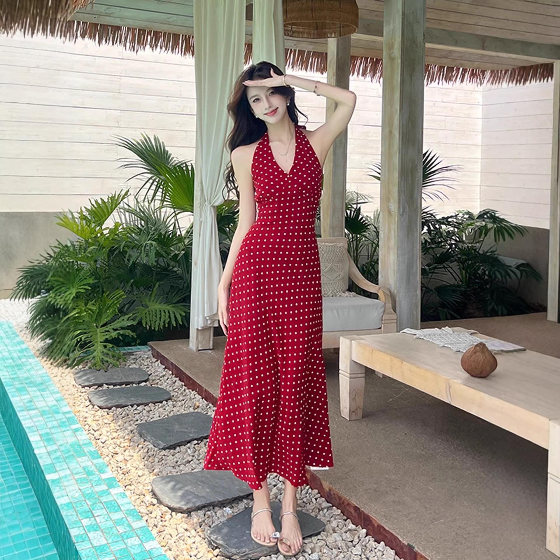 Red polka dot neck sling dress women s summer dopamine Xinjiang travel beautiful seaside vacation beach dress S