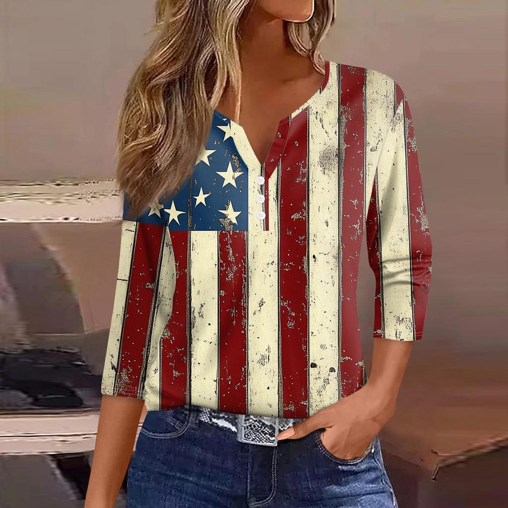 Women's T Shirt Tee Independence Day Printed Button 3/4 Sleeve Tunic Daily Weekend Fashion Basic V- Neck Regular Top