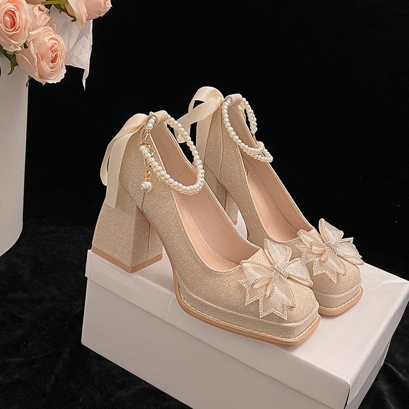 

Fashion Champagne Ladies Platform High Heels 2024 Summer New Luxurious Rhinestones Wedding Bridal Shoes Sweet Beaded Women s Pumps 34