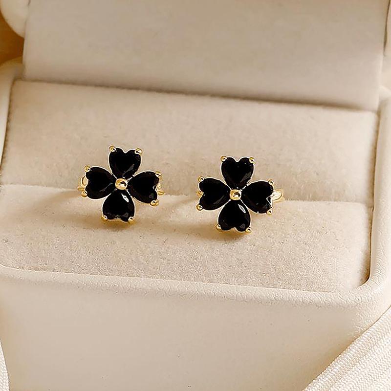 Orecchini a Bottone Mini Fiore a Quattro Petali Neri Gioielli da Donna Accessorio da Festa