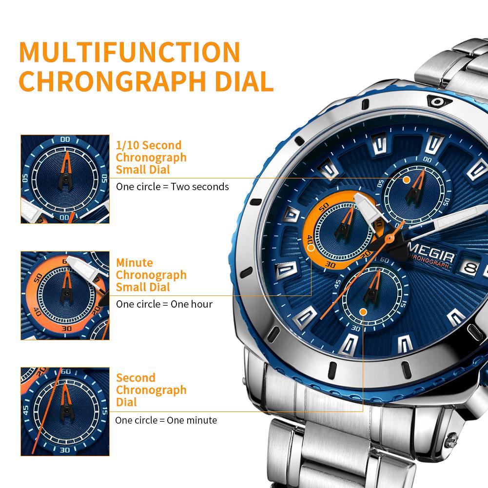 Megir Top Brand Luxury Men Quartz Watch with Stainless Steel Band Chronograph Business Wrist Watches Men Clock Relogio Masculino