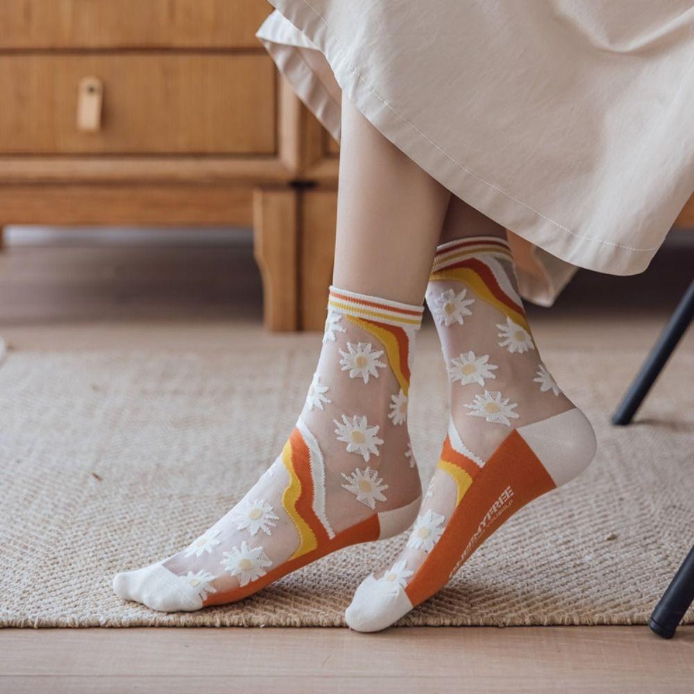 5Pairs Ins Style Transparent Flower Socks Glass Silk Sweet Socks Women Tulle Mid Tube Socks  Lady