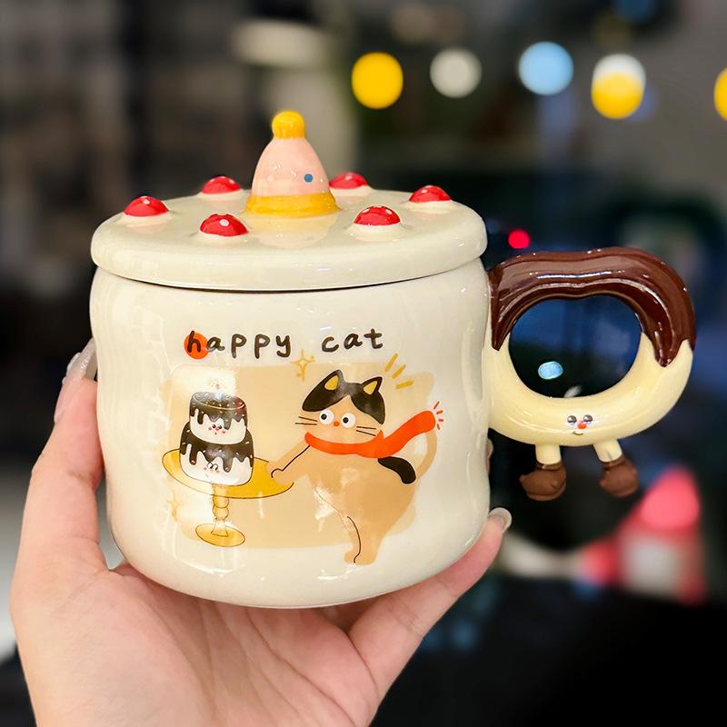 Cute Cat And Dog Ceramic Mug With Lid Creative Birthday Gift Cup Girl Heart Home Coffee Cup Souvenir