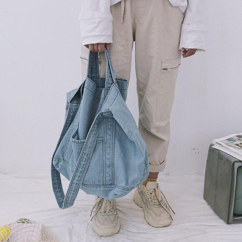 IELGY Denim Bag Large-Capacity One-Shoulder Messenger Korean Version Trendy All-Match Handbag