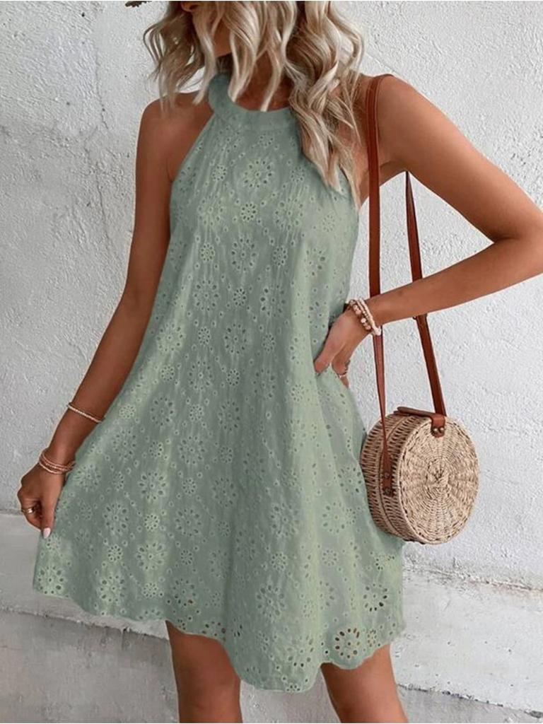 O Neck Lace Dress Solid Color Sleeveless Button Dresses Women Halter Causal Dress