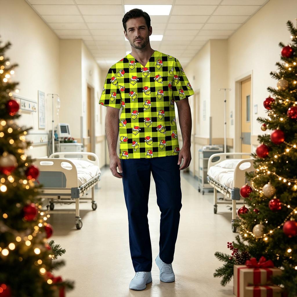 Men's Short Sleeve V-Neck Christmas Print Uniform Top with Chest Pocket