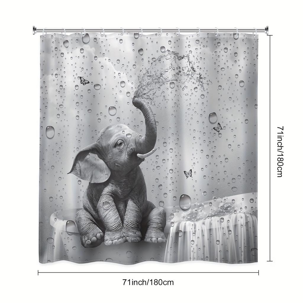 Charming Elephant & Wildlife Shower Curtain Set - Waterproof Polyester With 12 Hooks, Anti-Slip Bath Mat, U-Shaped Toilet Mat, A