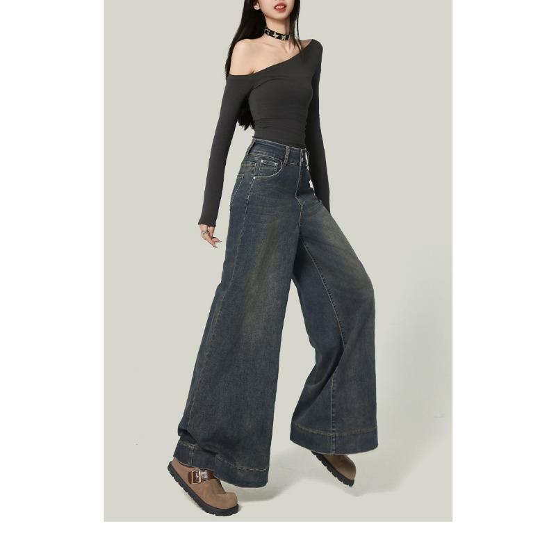 Jeans Reto Desgastado Retro Plus Size Feminino Calças Novas Femininas Design de Cintura Alta Calças de Perna Larga