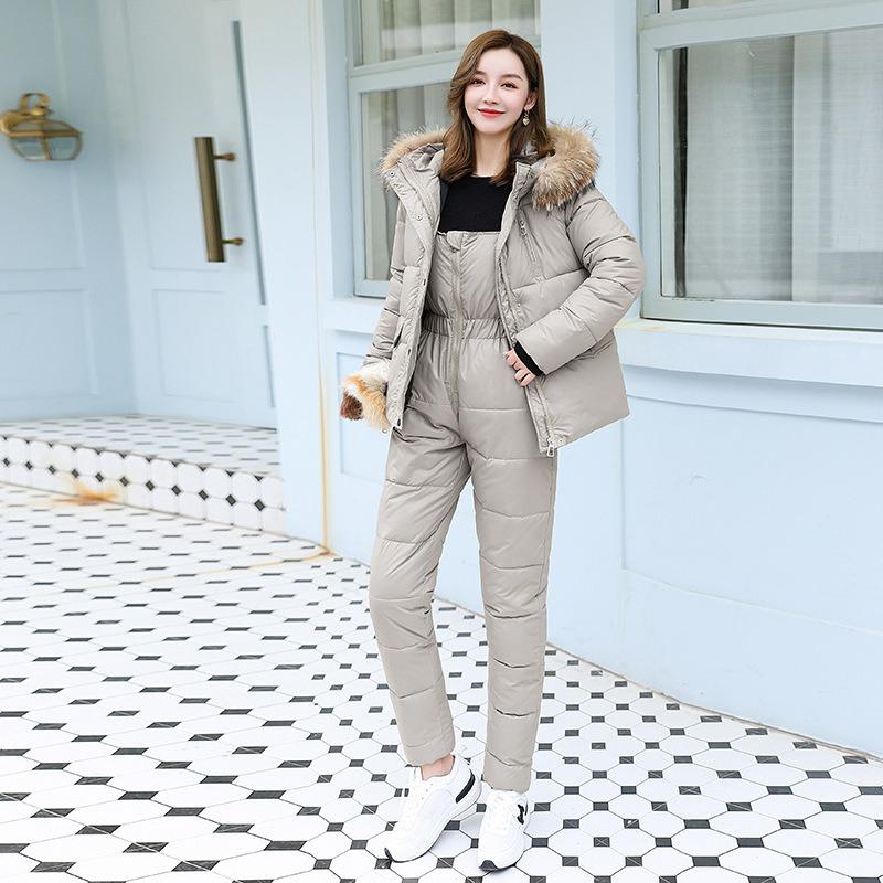 Down Padded Jacket Suit Women's Winter Clothes Korean Fashion Thick Padded Jacket Two-piece Padded  Jacket + Overalls