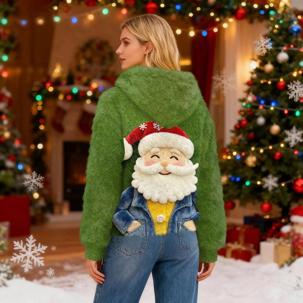 Women's Hooded Long Sleeve Christmas Printed Flannel Top Hooded Sweatshirt