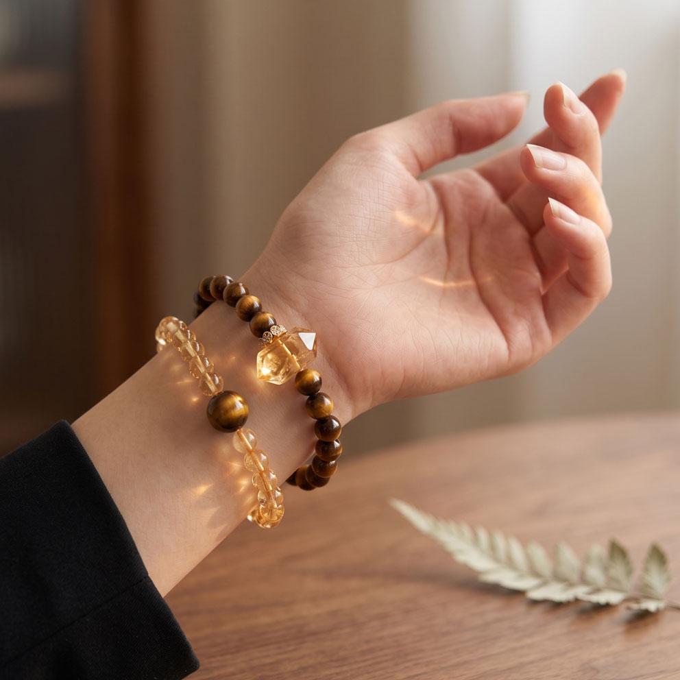 Natural Citrine & Tiger's Eye Double Row Bracelet, Boho Chic Healing Crystal Jewelry for Women, Wealth & Courage Success Amulet