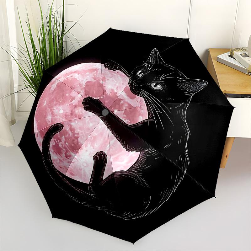 Black Cat,Pink Moon Automatic Folding umbrella Compact 8 rib Design,Unique Style,Suitable for Everyday Outdoor Use,Perfect Gift for Fr