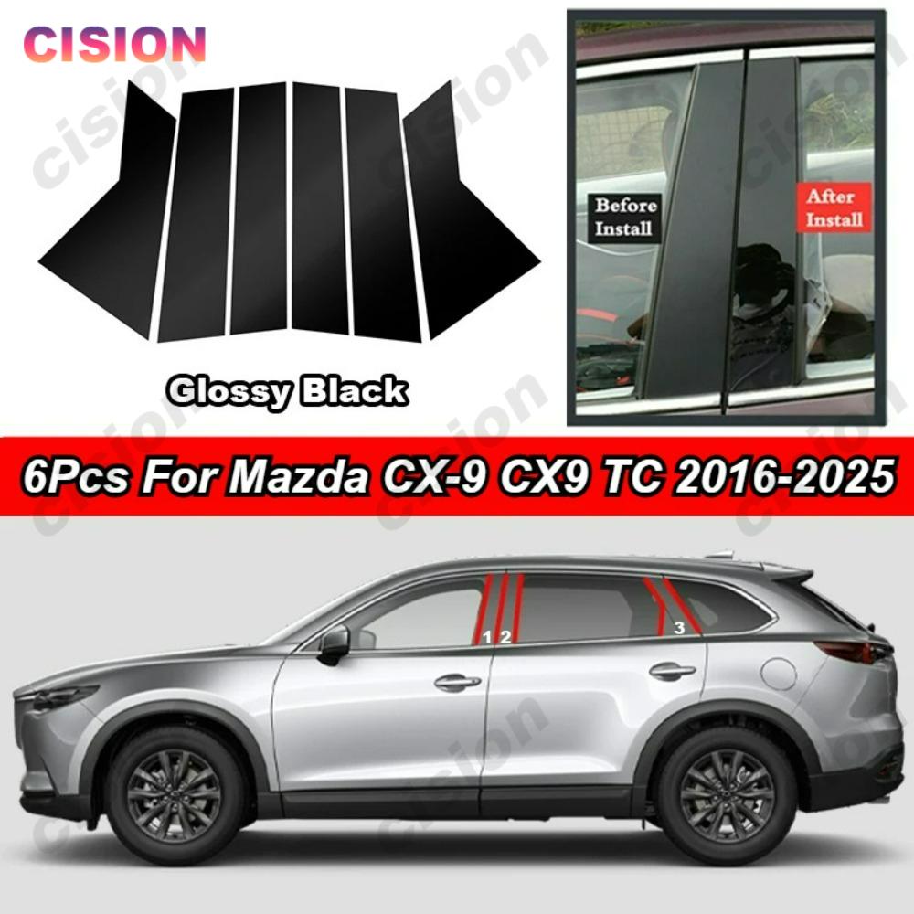 Car Door Center B C Pillars Trim Cover Black Chrome Mirror for Mazda CX9 TC 2016-2025 Window Column Post Carbon Fiber PC Sticker