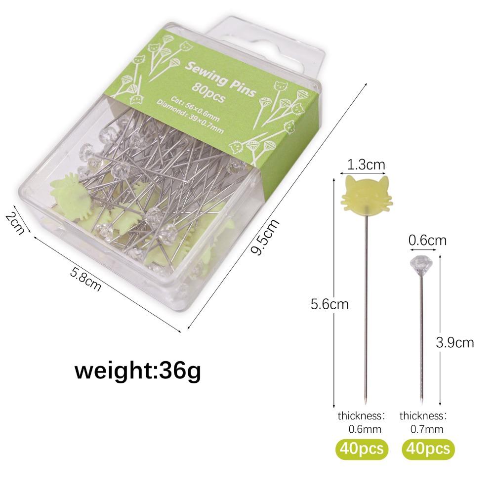 80pcs DIY Crafts Sewing Pin Holder Multi-Color Dressmaker Quilting Cat-Shaped Diamond Head Pins with Positioning Pins