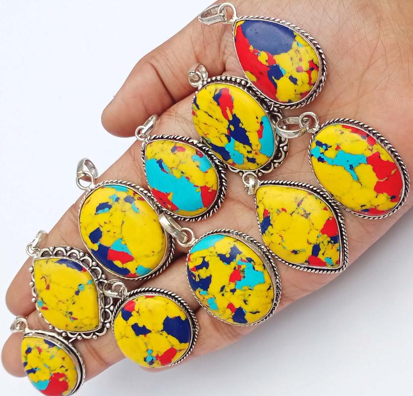 Mosaic Jasper Gemstone 925 Sterling Silver Plated Handmade 5 PCs Fancy Pendants Jewelry SEN-65