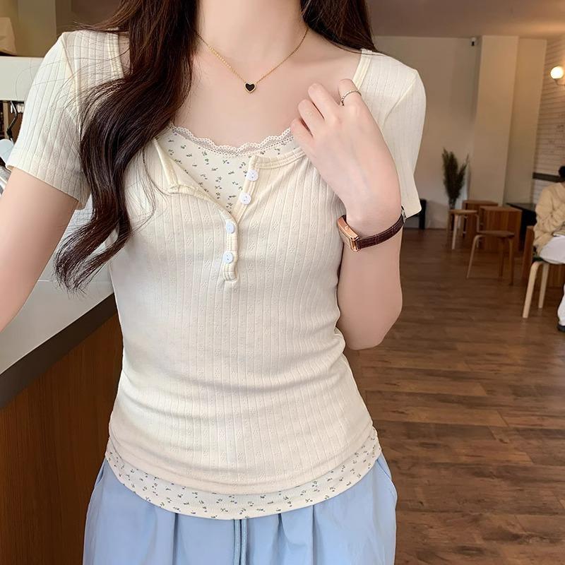 Fake Two-piece Lace Short-sleeved T-shirt Spring and Summer New Pure Lust Spice Girl Slim and Thin Shoulder Bottoming Top