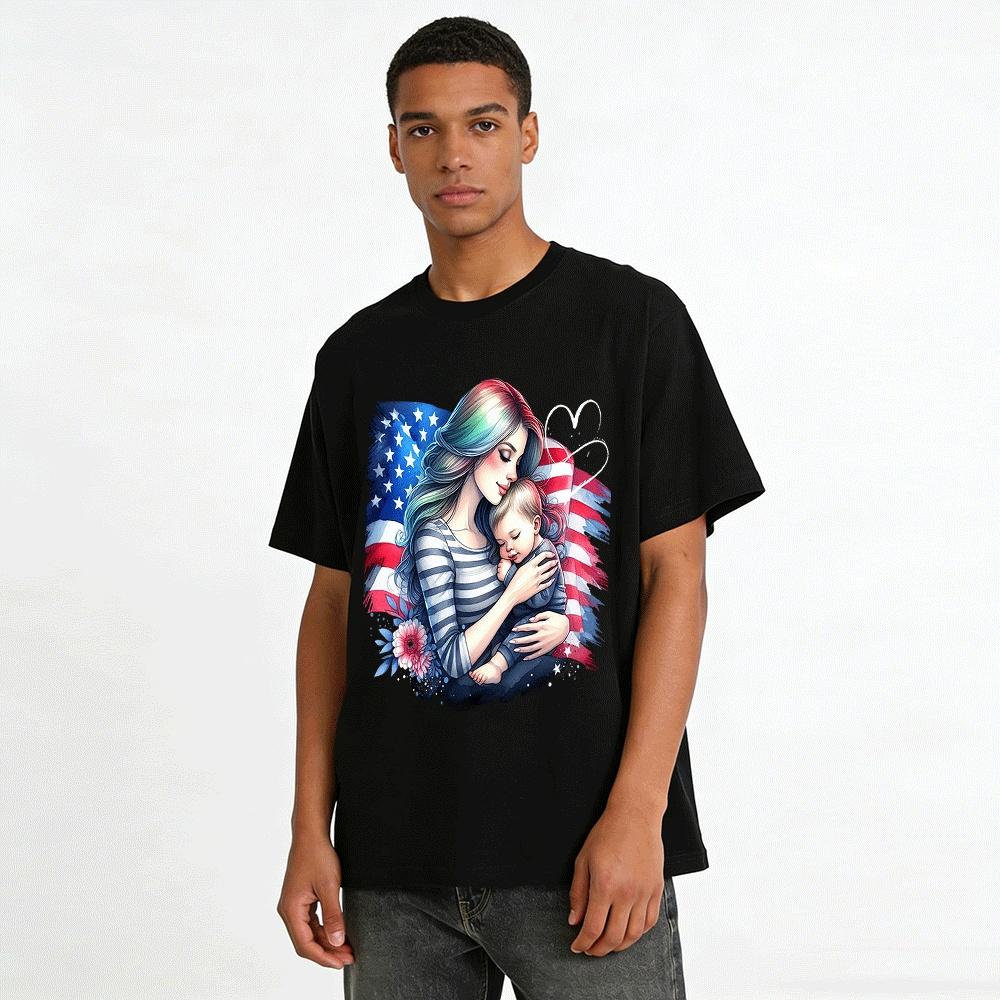 Amerikanische Flagge Mutter und Baby Druck Lässiges Oberteil Reines Baumwoll-T-Shirt