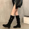 Winter Fashion Pleated Slim Women Knee High Boot Square Heels Thigh High Booties Long Shoes
