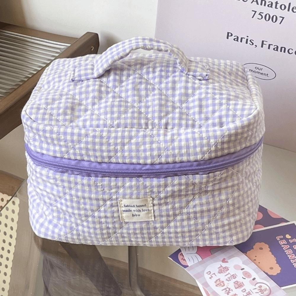 New Cotton Makeup Bag Cute Checkered Pattern Travel Toiletry Bag Multi-size Large Capacity Storage Wrist Bag Travel Use