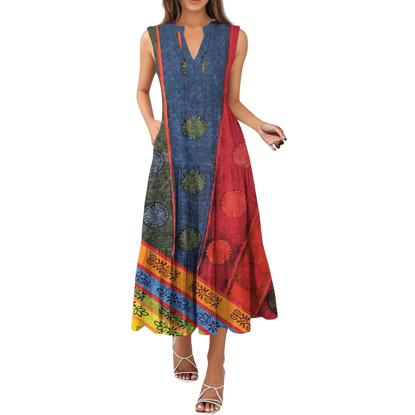 Women s Fashion Summer V-Neck Sleeveless Patchwork Printed Pleated Dresses M красный